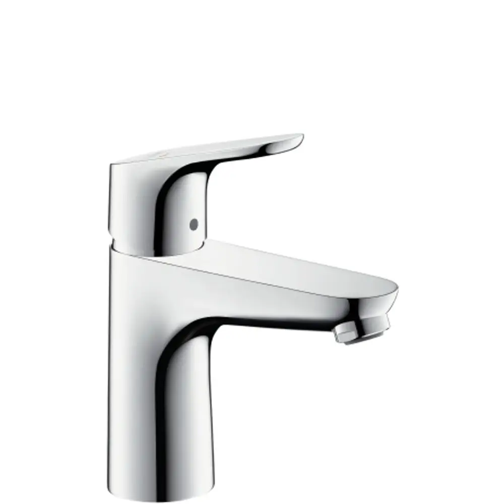 Einhebel-Waschtischmischer aus Chrom von Hansgrohe mit glatter Oberfläche und seitlichem Hebel zur Temperatur- und Durchflussregulierung.